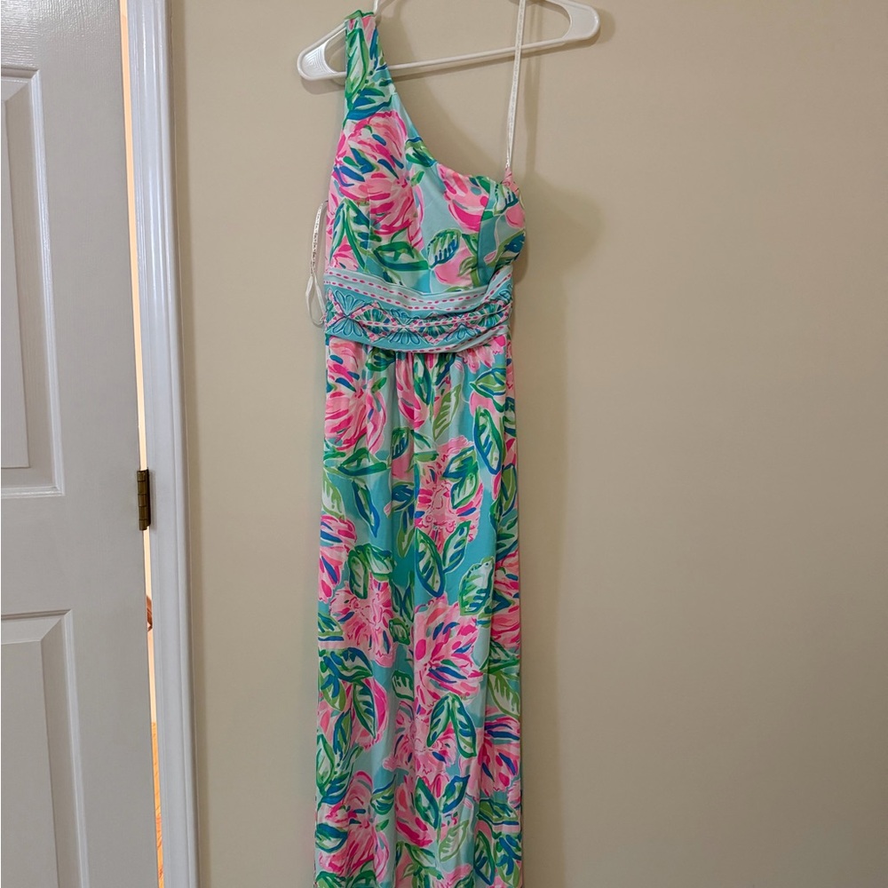 Lilly Pulitzer Pink & Aqua Floral One-Shoulder Maxi Dress